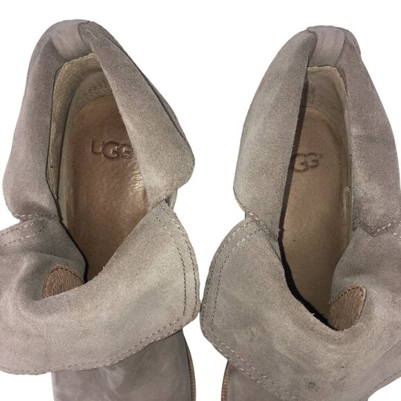 UGG Elora Taupe Suede Ankle Boots Womens 9.5 Wrap Strap Block Heel Western Style - Picture 15 of 16